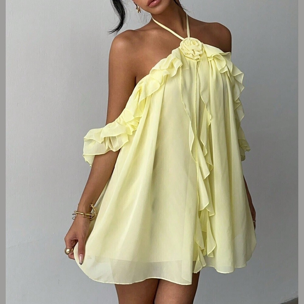 Pale Yellow Chiffon Rosette Halter Ruffle Mini Dress